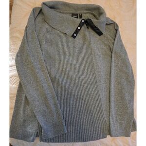 Womens Rafaella Gray Pullover Sweater Faux Leather Trim on Collar
